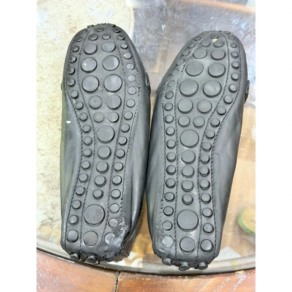 Louis Vuitton Black Leather Loafers Gold LV Logo Driving Shoes Womens Italy 39